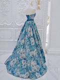A-Line Flower Satin Blue Long Prom Dress HZ1024