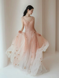 A-Line V Neck Tulle Pink Long Prom Dress HZ1024