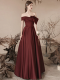 A-Line Off Shoulder Satin Burgundy Long Prom Dress HZ1024