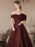 A-Line Off Shoulder Satin Burgundy Long Prom Dress HZ1024