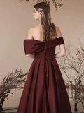 A-Line Off Shoulder Satin Burgundy Long Prom Dress HZ1024