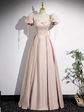 Simple A line Pink Satin Long Prom Dress HZ1024