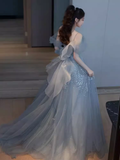 Sexy A line Straps Gray Tulle Long Prom Dress HZ1024