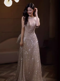 Sexy Mermaid Halter Sequin Champagne Long Prom Dress HZ1024