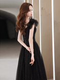 Elegant A line Puffy Sleeves Black Tulle Long Prom Dress HZ1024