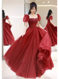 Elegant A line Puffy Sleeves Burgundy Long Prom Dress HZ1024