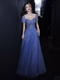 Elegant A line Short Sleeves Long Blue Prom Dress HZ1024