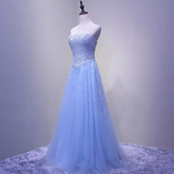 Elegant A line Strapless Sleelves Long Light Sky Blue Prom Dress HZ1024