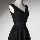 Elegant A line V Neckline Tulle Long Black Prom Dress HZ1024