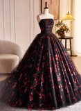 Black and Red Floral Tulle Long Strapless Formal Sweet 16 Dress HZ1024