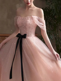 Lovely A line Pink Tulle Cap Sleeves Long Prom Dress HZ1024