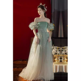 Lovely A line Off The Shoulder Mint Green Tulle Long Prom Dress HZ1024