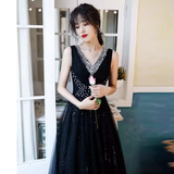 Lovely A line V Neckline Black Tulle Long Prom Dress HZ1024