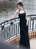 Sexy Mermaid Halter Black Satin Long Prom Dress HZ1024