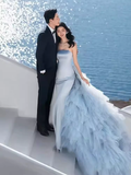 Sexy Mermaid Strapless Blue Satin Long Prom Dress HZ1024