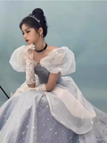 Ball Gown Strapless Blue Lace Long Prom Dress HZ1024