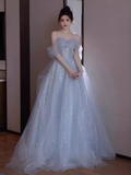 Simple A line Off The Shoulder Tulle Long Prom Dress HZ1024