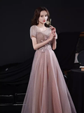 Simple A line Short Sleeves Pink Long Prom Dress HZ1024