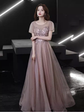 Simple A line Short Sleeves Pink Long Prom Dress HZ1024