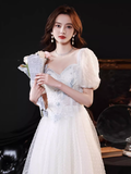 Cute A line Short Sleeves White Long Prom Dress HZ1024