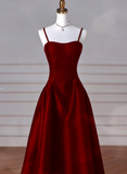 Sexy Wine Red A-Line Straps Satin Long Burgundy Prom Dresses HZ1024