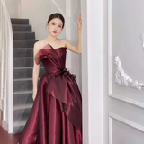 Elegant Ball Gown Strapless Burgundy Organza Long Prom Dress HZ1024