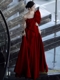 Modest A Line Strapless Red Satin Long Prom Dresses HZ1024