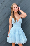 Light Blue A-line V Neck Ruffle-Layers Homecoming Dress Birthday Dress HZ1024