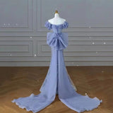 Sparkly Blue Prom Dresses With Bow Sequins Off The Shoulder Formal Party Dress HZ1024