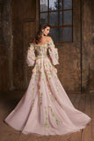 Elegant A line Off The Shoulder Long Sleeves Floral Pink Tulle Party Dress Prom Dresses Evening Dress HZ1024